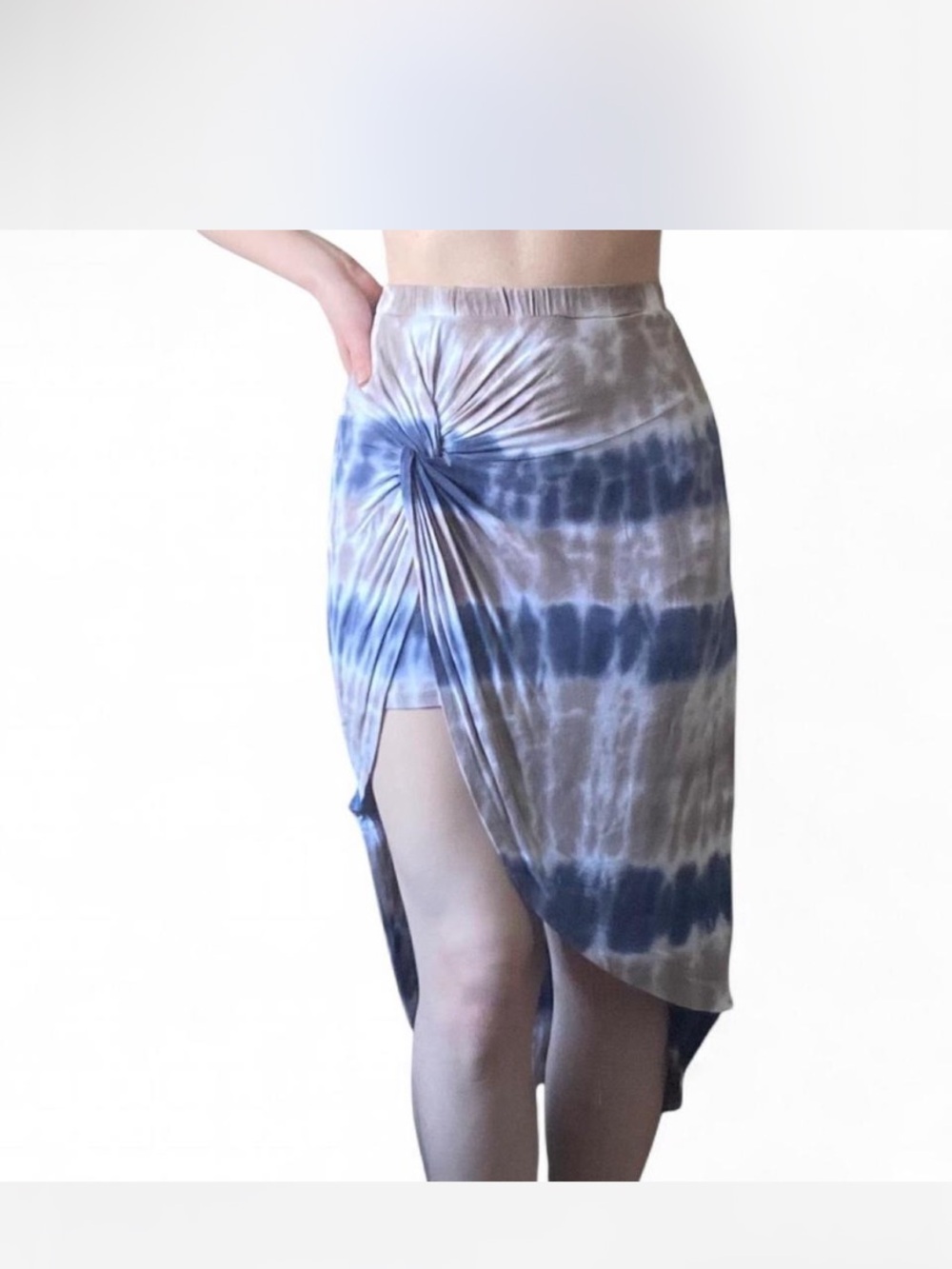 Resort Wear Tie-Dye Knot Front High Low Midi Skirt in Blue, Tan, and Gray